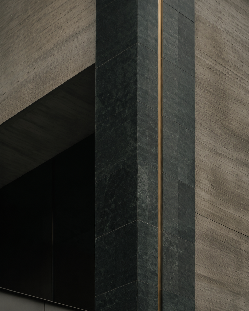 Monumental architectural study in dark stone, concrete and bronze